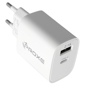Alimentatore Proxe Dual USB (A+C) 5V 2.1A per Ricarica Rapida Sicura Smartphone Tablet Viaggio. Adattatore Universale Compatto.