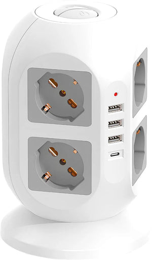 Multipresa Tower Omega Elettrico 8 Prese Universali P40 + 4 USB (A+C) con Protezione Sovraccarico | Ciabatta Verticale Salvaspazio per Ufficio e Casa