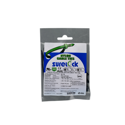Fascette Nere 100Pz Surelock 75x2,5mm Nylon 66 Resistenti UV - Fissaggio Cavi Esterni e Interni Sicuro e Certificato