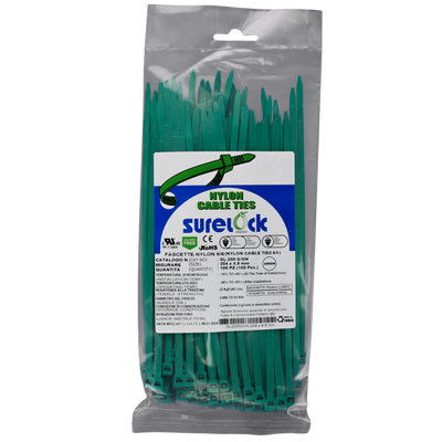 Fascette Verde Surelock 204x4,8mm - 100 Pz Nylon 66 Resistenti UV, UL/RoHS per Fissaggi Elettrici e Industriali - Trazione 22kg