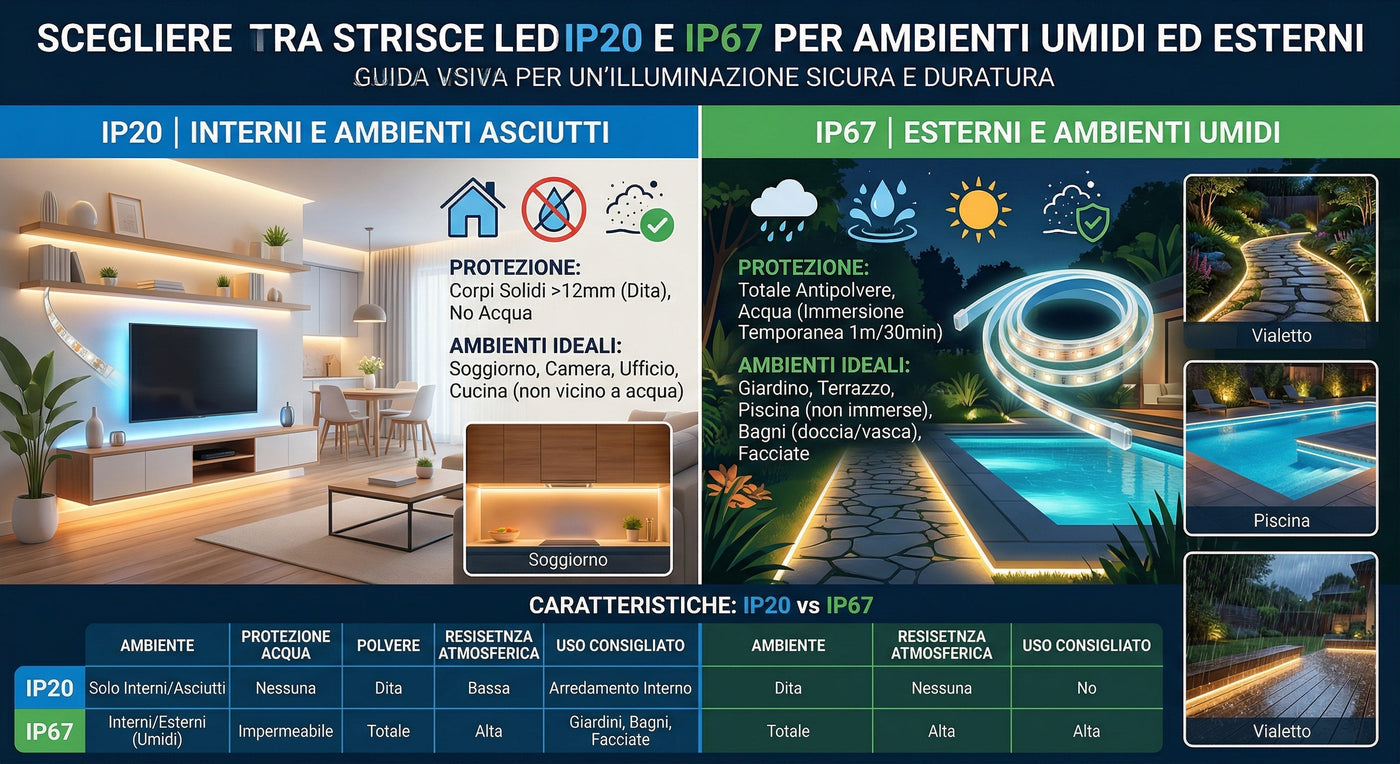 Illuminare ambienti umidi ed esterni: Scegliere tra IP20 e IP67 per le Strisce LED