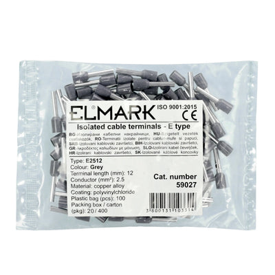 Puntalini Isolati Elmark 2,5x1,2mm Grigio - 100PZ in Rame Stagnato. Terminazione Sicura per Cavi Elettrici Civili e Industriali, Massima Affidabilità