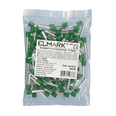 Puntalini Elmark 6,0mm x 1,8mm Verde Isolati 100PZ - Terminali Cavo Rame Stagnato per Connessioni Elettriche Sicure e Durevoli (Grande Sezione)