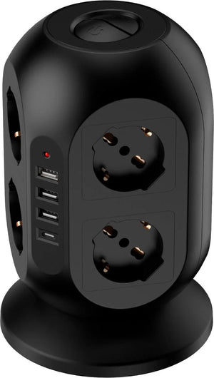 Multipresa Tower Nera 8 Prese + 4 USB Omega con Protezione Sovraccarico | Ciabatta Verticale Salvaspazio per Casa e Ufficio