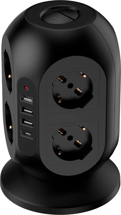 Multipresa Tower Nera 8 Prese + 4 USB Omega con Protezione Sovraccarico | Ciabatta Verticale Salvaspazio per Casa e Ufficio