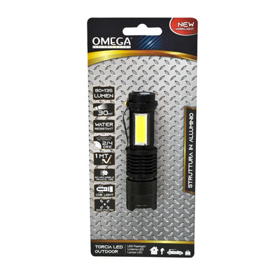 Torcia LED Compatta Zoom Omega Ricaricabile USB IP54 - Luce Laterale COB per Outdoor e Lavoro. Corpo in Alluminio Resistente.