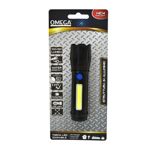 Torcia Outdoor Professionale Omega OMT003 | Ibrida LED+COB, Ricaricabile, Potente 120lm/150lm, IPX4 | Ideale per Lavoro, Campeggio ed Emergenze