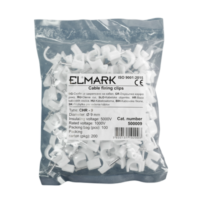 Fermacavo Elmark Ø 9mm per Cavi Tondi - Fissaggio con Chiodi, Nylon Resistente UV - Pk 100