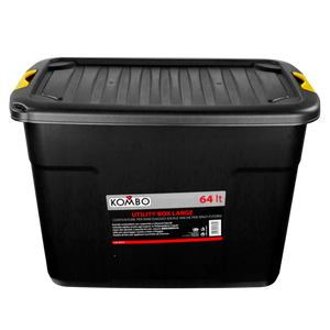 Contenitore Kombo 64 Litri in Polipropilene Antiurto con Coperchio – Stoccaggio e Trasporto Attrezzi, Materiali per Garage, Officina, Casa. Resistente a Pioggia e Gelo con Foro Lucchetto.
